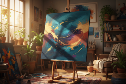 Stunning finished canvas on easel in warm bohemian studio