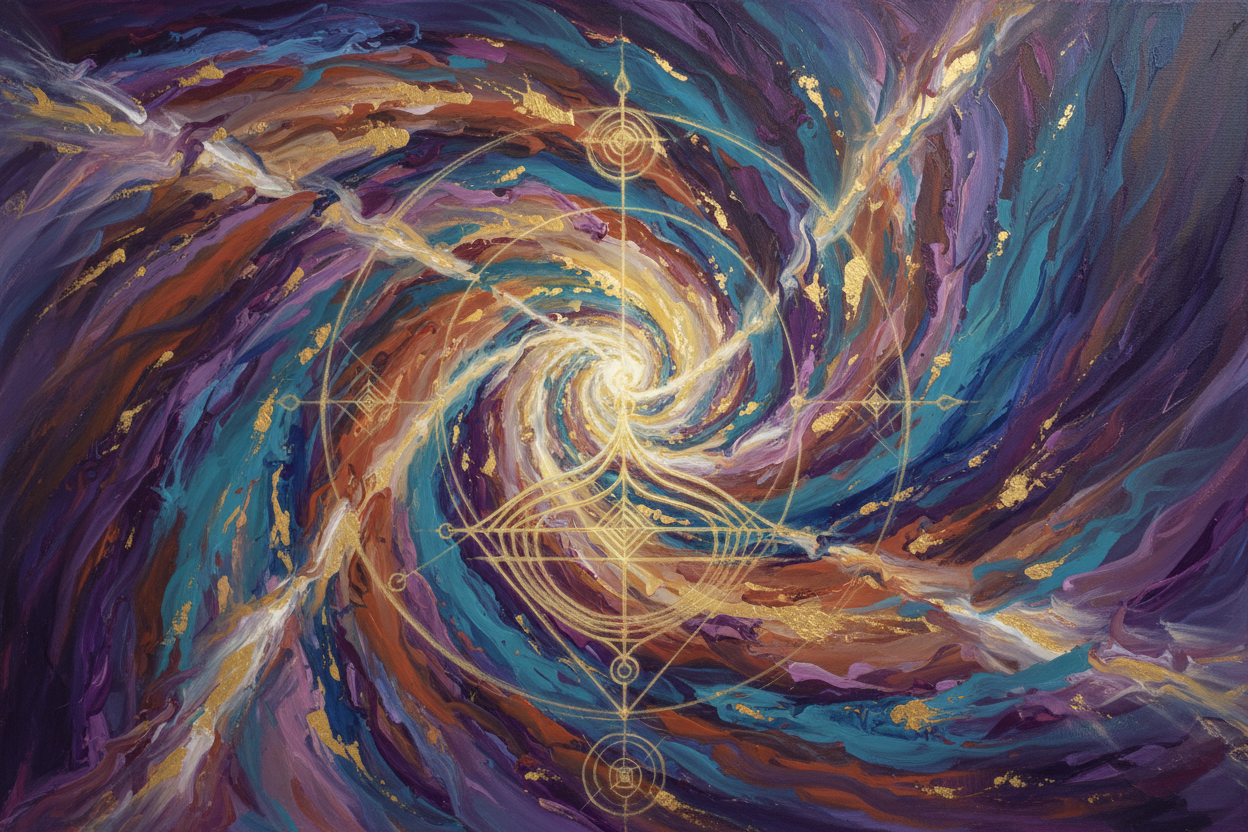 Abstract transformation painting with sacred geometry and Kabbalistic motifs