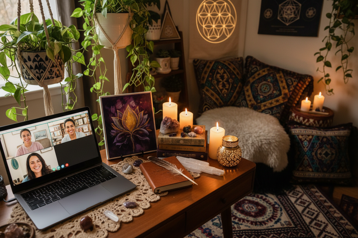 Intimate virtual mindset coaching setup with crystals, journal and bohemian decor