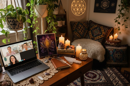 Intimate virtual mindset coaching setup with crystals, journal and bohemian decor