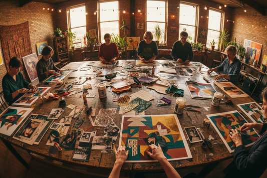 Collage art class in progress with papers, fabrics and supplies