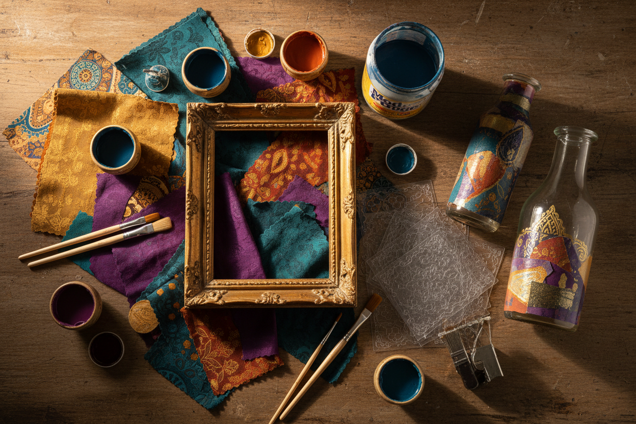 DIY art project supplies flat lay with before and after