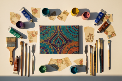 Flat lay of mixed media art supplies with finished bohemian canvas