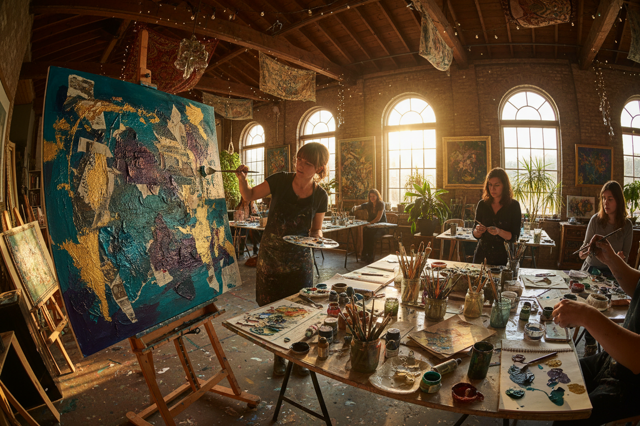 Mixed media masterclass in progress with acrylic, gouache and collage on canvas