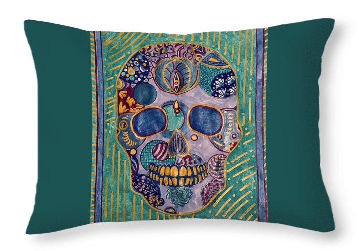 Turquoise Metallic Sugar Skull - Throw Pillow