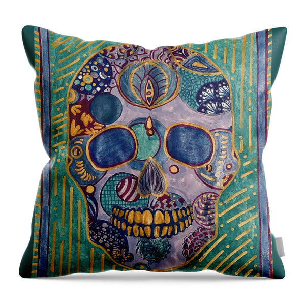 Turquoise Metallic Sugar Skull - Throw Pillow